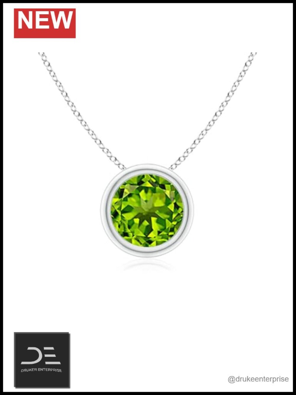 Peridot Solitaire Pendant 14K Gold Bezel Set Round Necklace 18in Chain